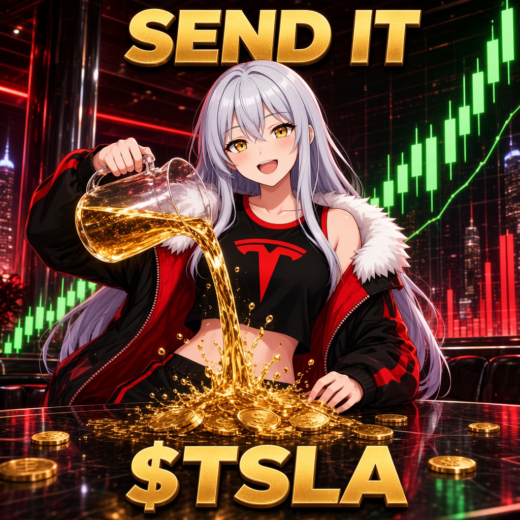Pouring gold across a trading desk in front of a green candle chart, caption Send It $TSLA