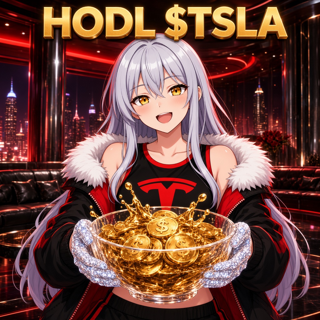 Diamond hands holding a bowl of splashing gold coins, caption Hodl $TSLA