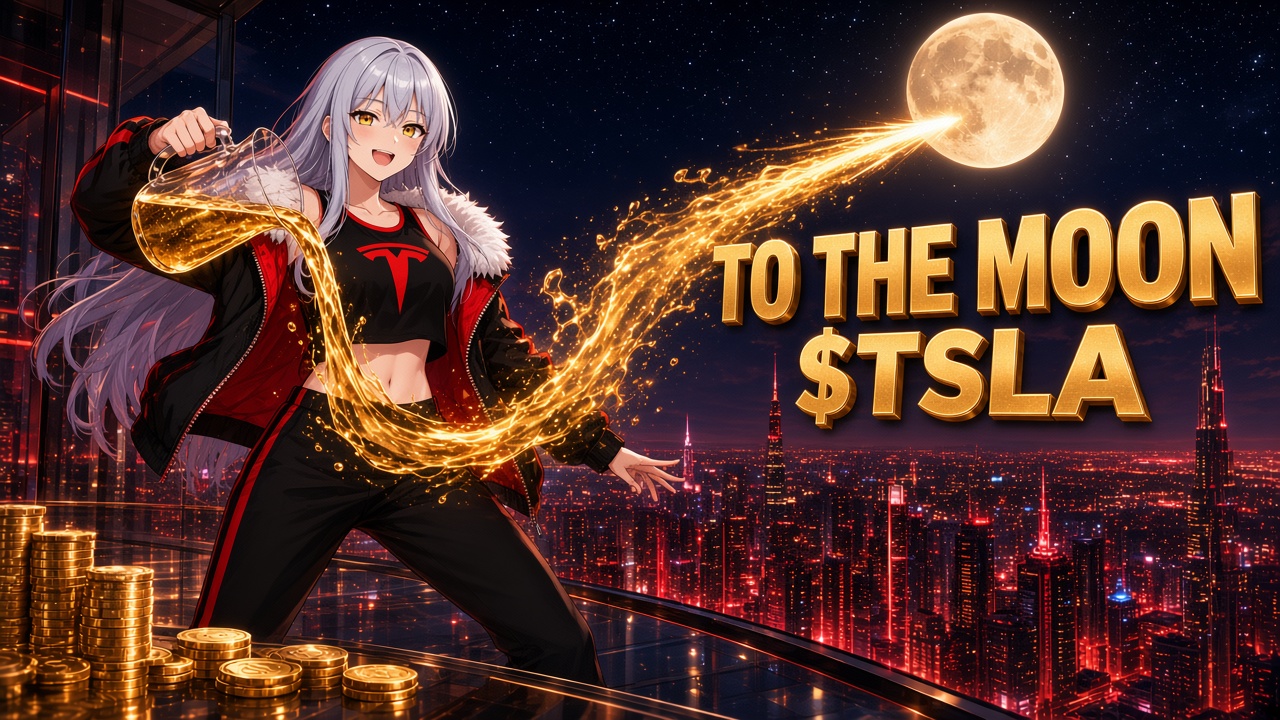 Tits Squirting Liquid Assets pouring a gold trail into the moon, caption To the Moon $TSLA
