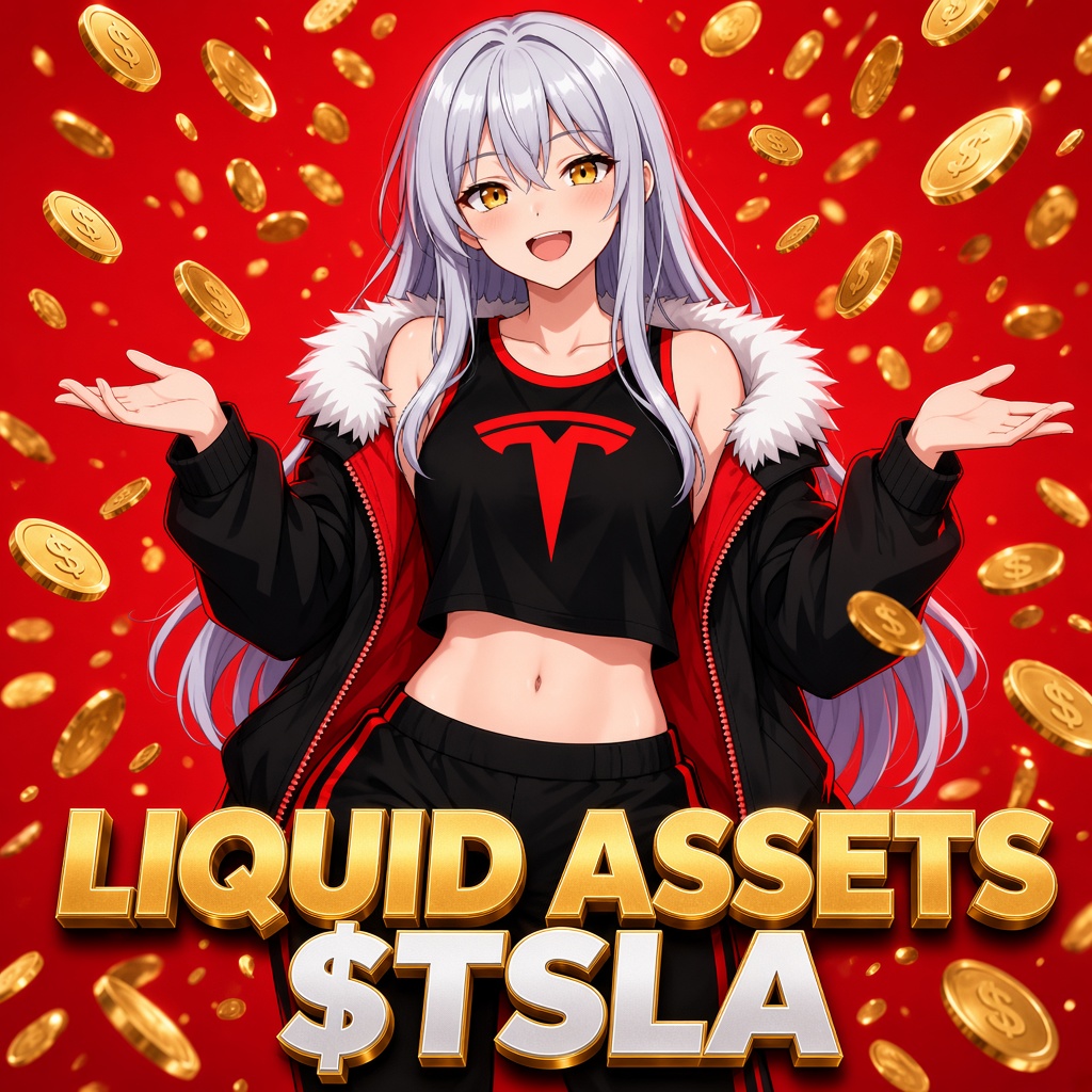 Red poster of Tits Squirting Liquid Assets with raining gold coins and the words Liquid Assets $TSLA