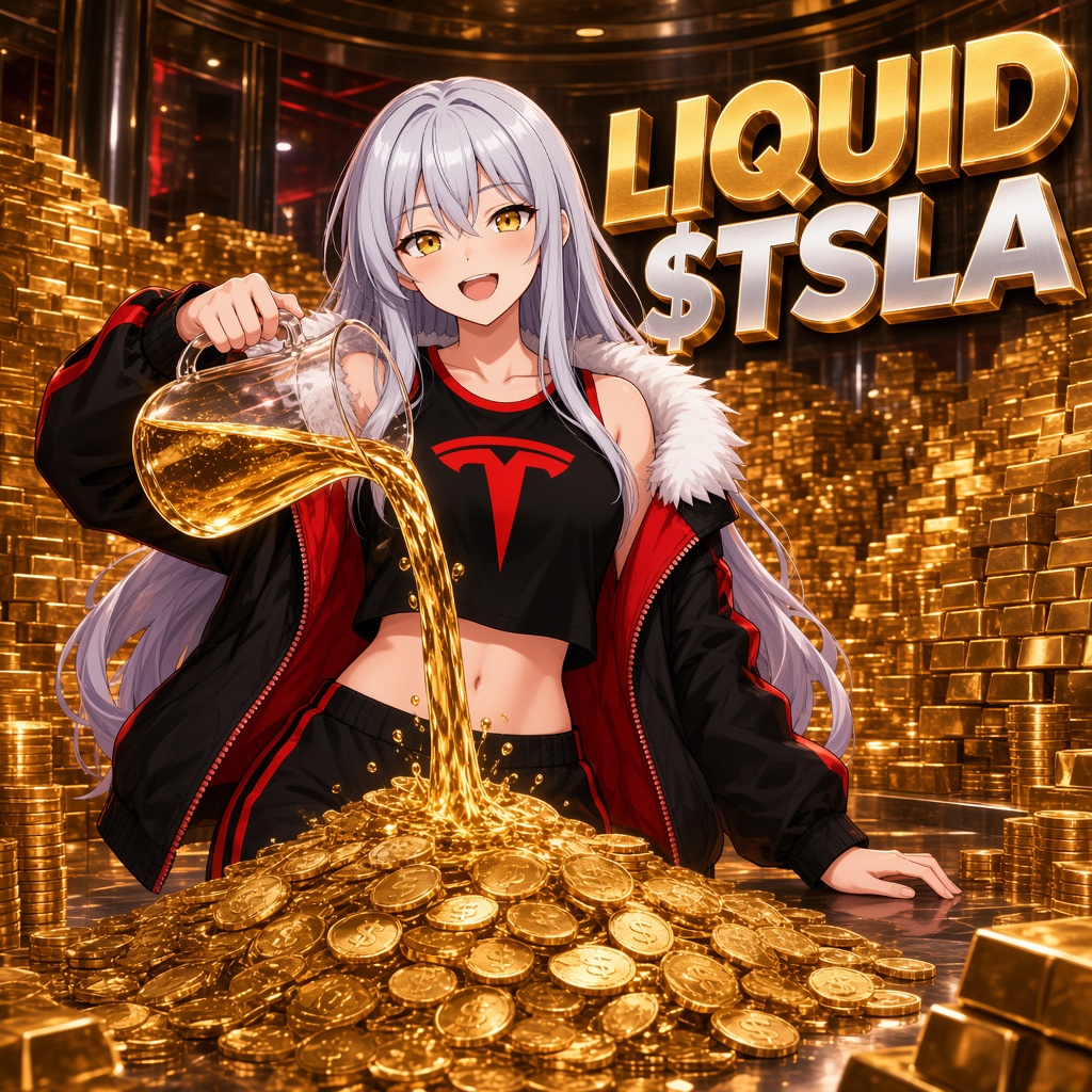 Pouring liquid gold onto a mountain of coins inside a gold-bar vault, caption Liquid $TSLA