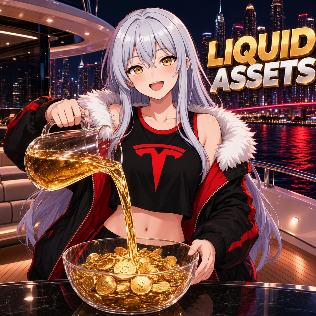Pouring liquid gold into a coin bowl on a yacht at night, caption Liquid Assets